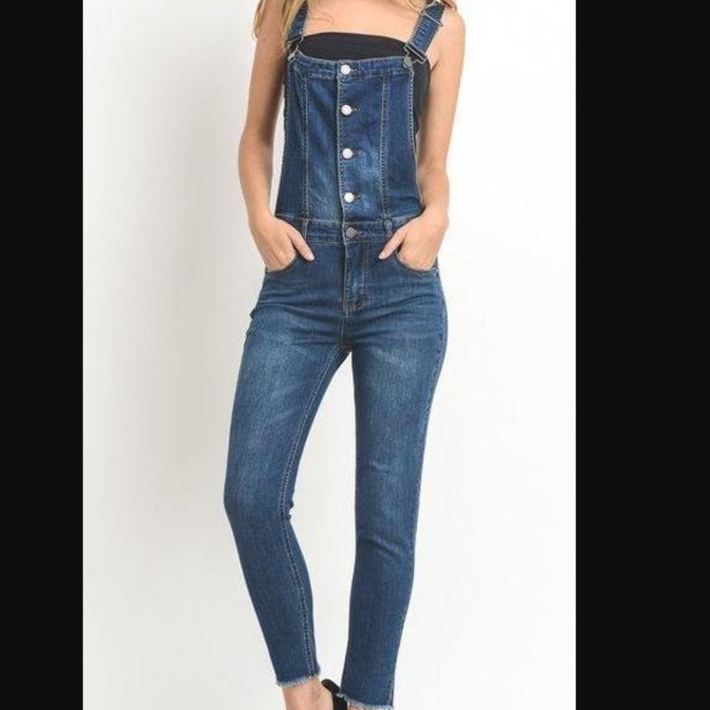 Skinny Fries 0 Denim Overalls Distressed raw hem pockets button front zi…
